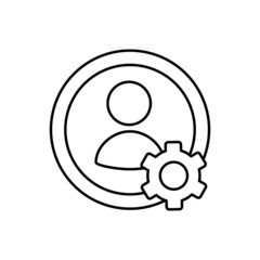 Human silhouette inside a circle with a cogwheel at the bottom. Simple outline black and white vector icon in modern minimal style with thin lines. Editable line thickness