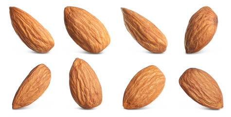 Set with tasty almonds on white background. Banner design