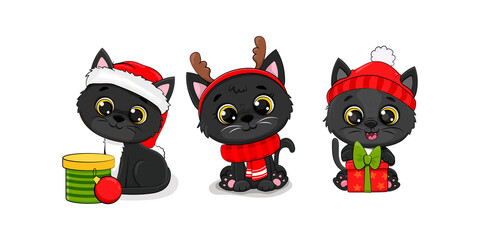 Set of Christmas cat, Merry Christmas illustration of cute black cat with accessories, hat, scarv and gifts. Vector illustration
