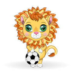 Cartoon lion with a soccer ball. Character with beautiful eyes, childish. Sport concept