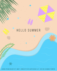 Fototapeta na wymiar Colorful summer poster, wallpaper, background. Beach by the sea. Beach accessories