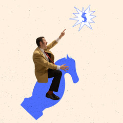 Creative collage of businessman riding chess figure, poiting at money sign