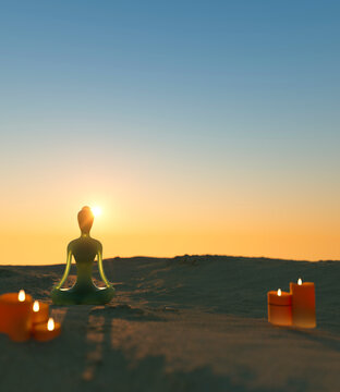 Conceptual tranquil meditation with jade figure on a beach at sunrise 3d render