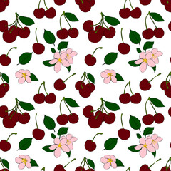 Seamless background with orange cherries and leaves with flowers.