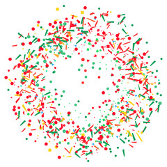 Colored circle pattern with geometric elements on white. Holiday background with confetti. Texture from glitters. Festive frame. Print for banners, posters, t-shirts and textiles. Greeting cards