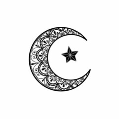 crescent and star with mandala ornament vector on white background