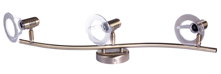 silver wall ceiling track lights with three spot lights lamps isolated on white background