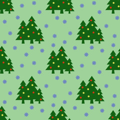 Seamless pattern. Image of green Christmas trees with balls and snowflakes on pastel yellow green backgrounds. Symbol of New Year and Christmas. Template for applying to surface.3D image. 3d rendering