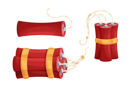 Set dynamite stick, bomb, tnt collection in cartoon style isolated on white background. Weapon vintage game element. Explosion object.
