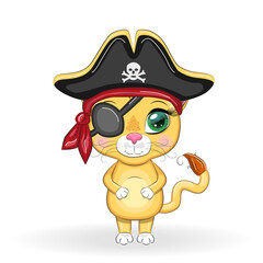 Lion pirate, cartoon character of the game, wild animal cat in a bandana and a cocked hat with a skull, with an eye patch. Character with bright eyes