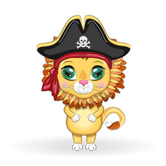Lion pirate, cartoon character of the game, wild animal cat in a bandana and a cocked hat with a skull, with an eye patch. Character with bright eyes