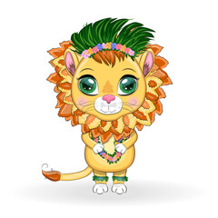Fototapeta premium Cute little lion with wreath of hawaii flowers. Cartoon illustration
