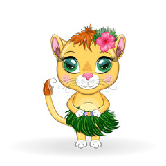 Cute little lion with wreath of hawaii flowers. Cartoon illustration