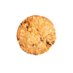 Vanilla chip butter cookie isolated on white background. Close-up view of brown cracker. Macro shot of yellow biscuit cake leftovers for your design