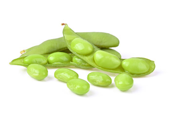 Green soy beans on white background.