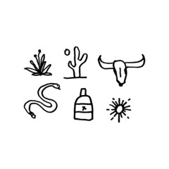set of Arizona-related elements for element design. hand-drawn vector illustration in childlike stroke. the outline cartoon in a simple drawing.