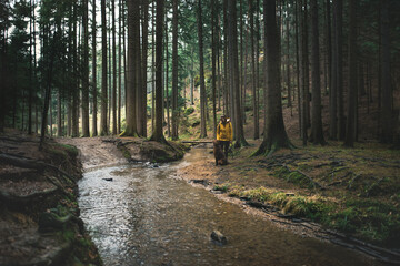 Obraz premium Woman and her dog standing next to the river in the middle of forest. 