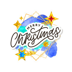 Merry Christmas text decorated with hand drawn lettering with gold stars. Greeting card design element. Vector typography.