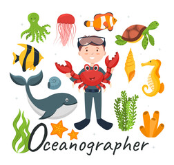 Naklejka premium Cute vector alphabet Profession. Letter O - Oceanographer. Vector illustration