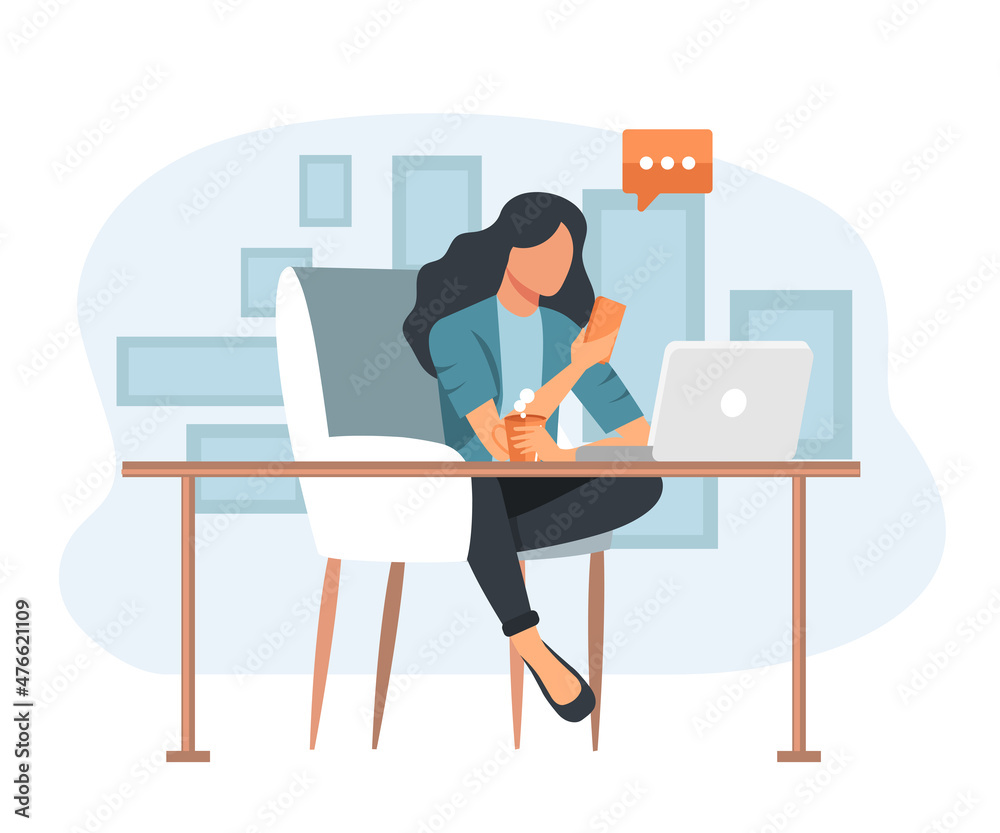 Wall mural social network. woman using lap top for social networking. chatting. creative flat design for web ba