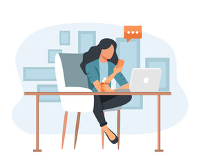 Social network. Woman using lap top for social networking. Chatting. Creative flat design for web banner, marketing material, business presentation, online advertising. Flat vector illustration	