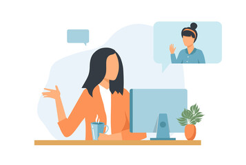 Woman sitting with laptop in a video chat. Online meeting. Concept of vector characters at the coffee break in flat style
