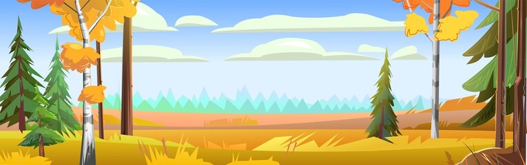 Fototapeta na wymiar Coniferous forest on the horizon. Autumn landscape. Beautiful bright rural scene with orange and yellow grass and plants. Horizontal Illustration in cartoon style flat design. Vector