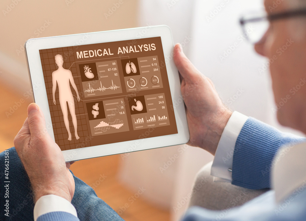 Aufkleber unrecognizable man using medical app on digital tablet