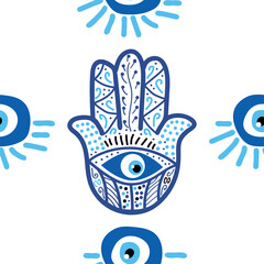Fototapeta premium Evil eye seamless pattern. Magic, witchcraft, occult symbol, line art collection. Hamsa eye, magical eye, decor element