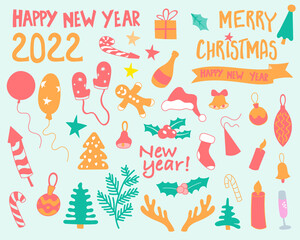 Vector New 2022 year and Christmas holiday colored design elements  - vector illustration, eps stock illustration