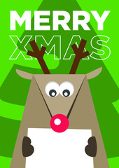 Merry xmas tree card reindeer - obrazy, fototapety, plakaty