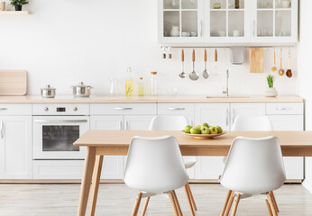 Apartment rental, new scandinavian design after renovation, flat or house for sale. White furniture with utensils