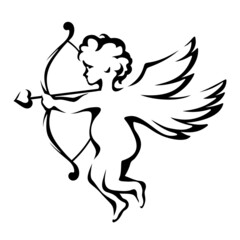 Cupid with a bow isolated on a white background. Vector black and white contour drawing.