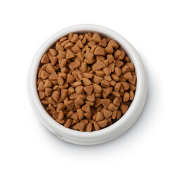Top view of dry pet food in plastic bowl