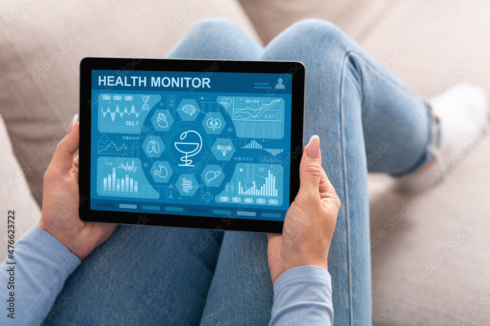 Aufkleber lady using health monitor mobile application on digital tablet