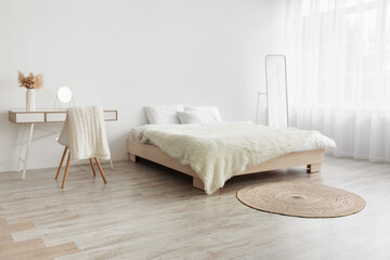 Fototapeta na wymiar Real photo, simple boho eco bedroom interior, design blog, ad