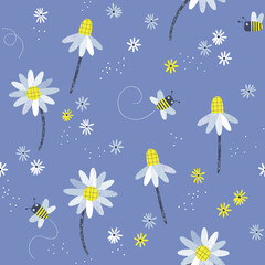 Honey bees Daisy flowers Florets vector seamless pattern. Blue yellow colours summer life background. Decorative chamomile nature surface design for hippie child nursery and baby fashion.