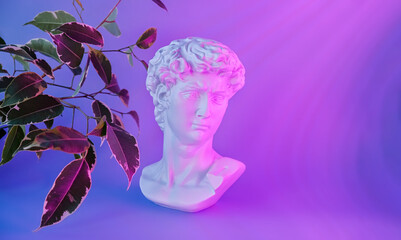 Head of a statue David by Michelangelo. Colorful neon image with greek sculpture, surreal art style. Copy space.
