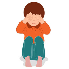 Kid crying, covering his eyes with his hands. Scared, depressed, sad boy looks lonely. Vector illustration of helpless, frightened child. Worry and fear.