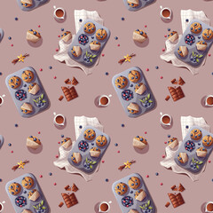 Seamless pattern with muffins and berries. Baking, bakery shop, cooking, sweet products, dessert, pastry concept. Perfect for product design, scrapbooking, textile, wrapping paper.