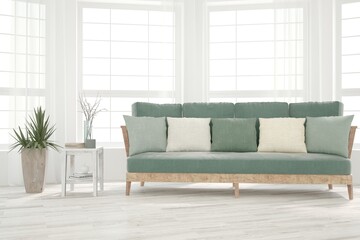 Modern living room in white color with sofa. Scandinavian interior design. 3D illustration