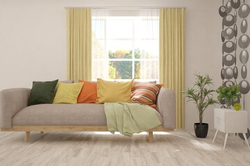 Stylish room in white color with sofa and autumn landscape in window. Scandinavian interior design. 3D illustration