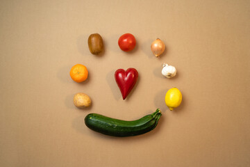 vegetables and fruit from top view with heart