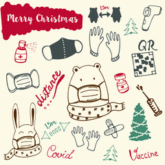 hand drawn christmas elements. Healthy christmas mask, covid. Doodle christmas 