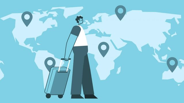 Cartoon Man Walking with  Travel Suitcase. World Map with Location Pin. Flat Design 2d Character Loop Animation