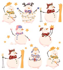 Happy snowmen pattern. Seamless Christmas background with snow men characters print. Endless Xmas backdrop design for festive wrapping paper and holiday decoration. Colored flat illustration