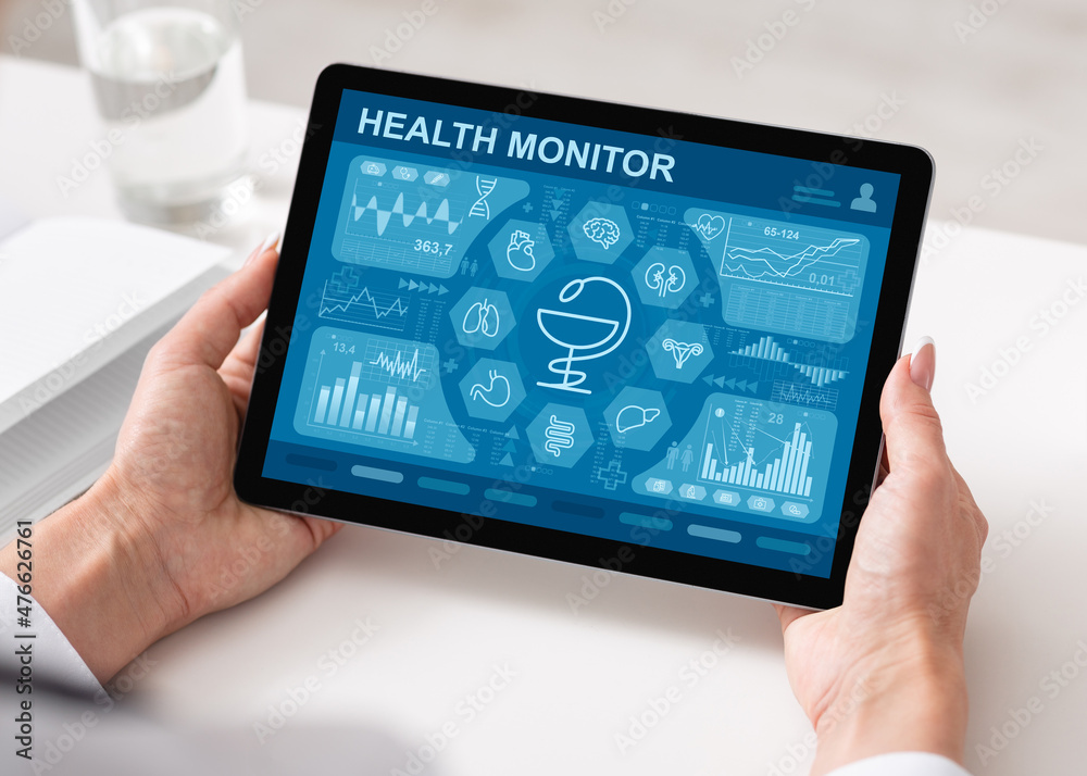 Aufkleber cropped of woman using health application while working at office
