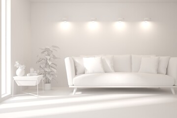 Mock up of minimalist living room in white color with sofa. Scandinavian interior design. 3D illustration