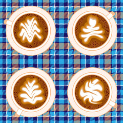 Vector set of latte art. Four coffee cups with saucers of beige and white, top view, on blue checkered tartan background. Seamless pattern 