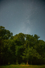 Milky Way and forest forest in the night . Night landscape. Nightsky and clouds . Stars in the sky . Lights of the city . 